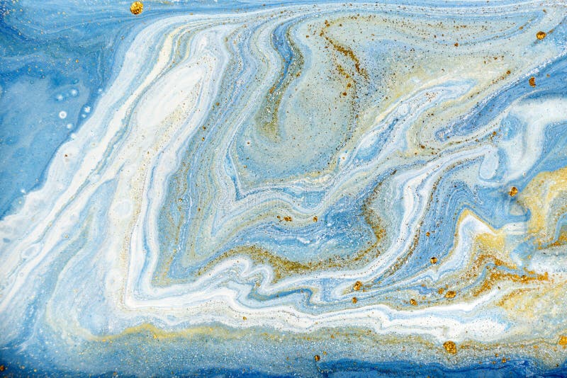 Άσπρο, μπλε και χρυσό marbling σχέδιο Χρυσή μαρμάρινη υγρή σύσταση στοκ φωτογραφίες